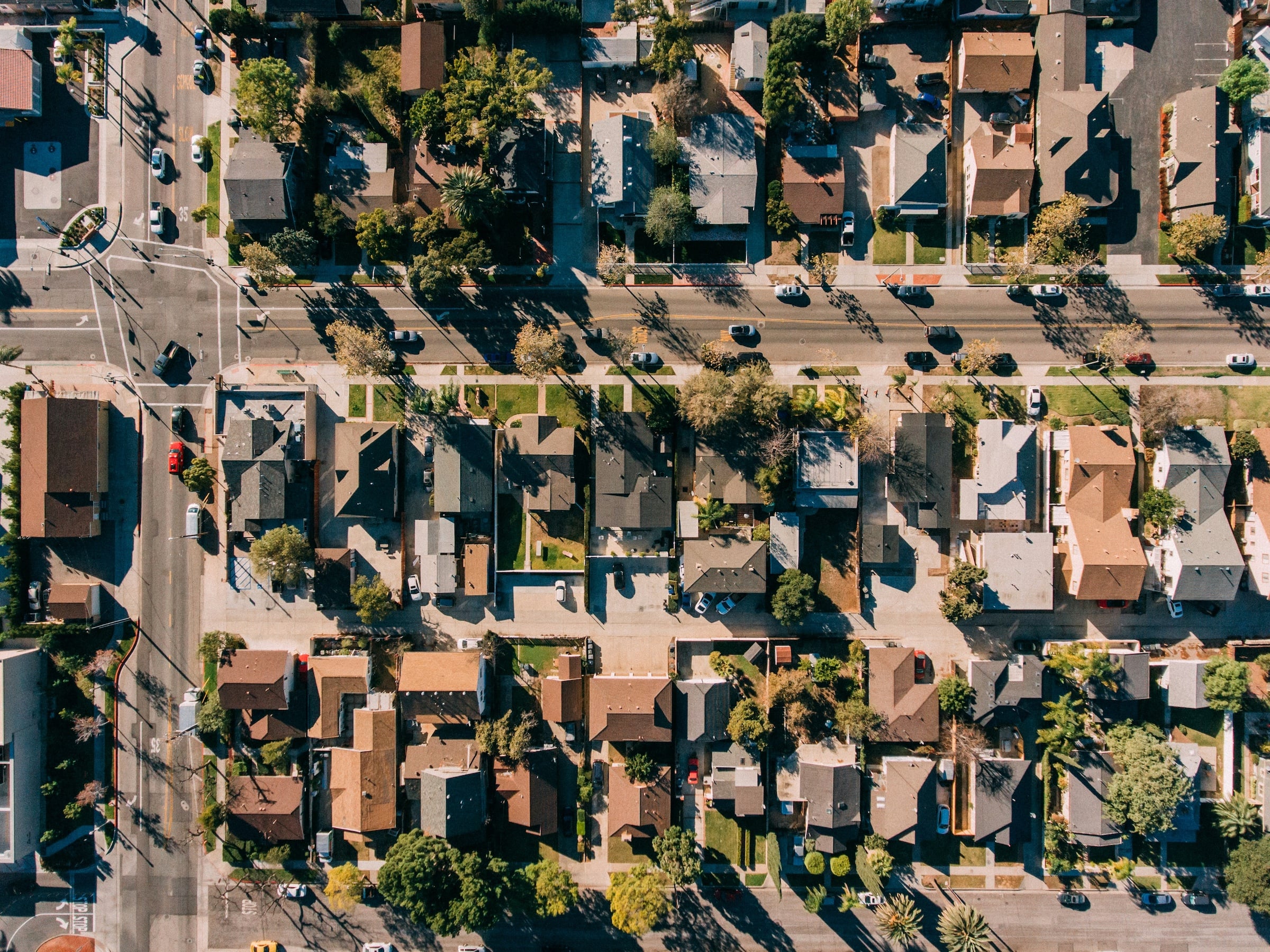 An overhead view of a suburban neighborhood